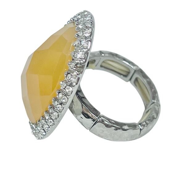 Vintage Golden Yellow Silver Tone Rings Rhinestones Oval Oversized Stretch - Picture 3 of 7